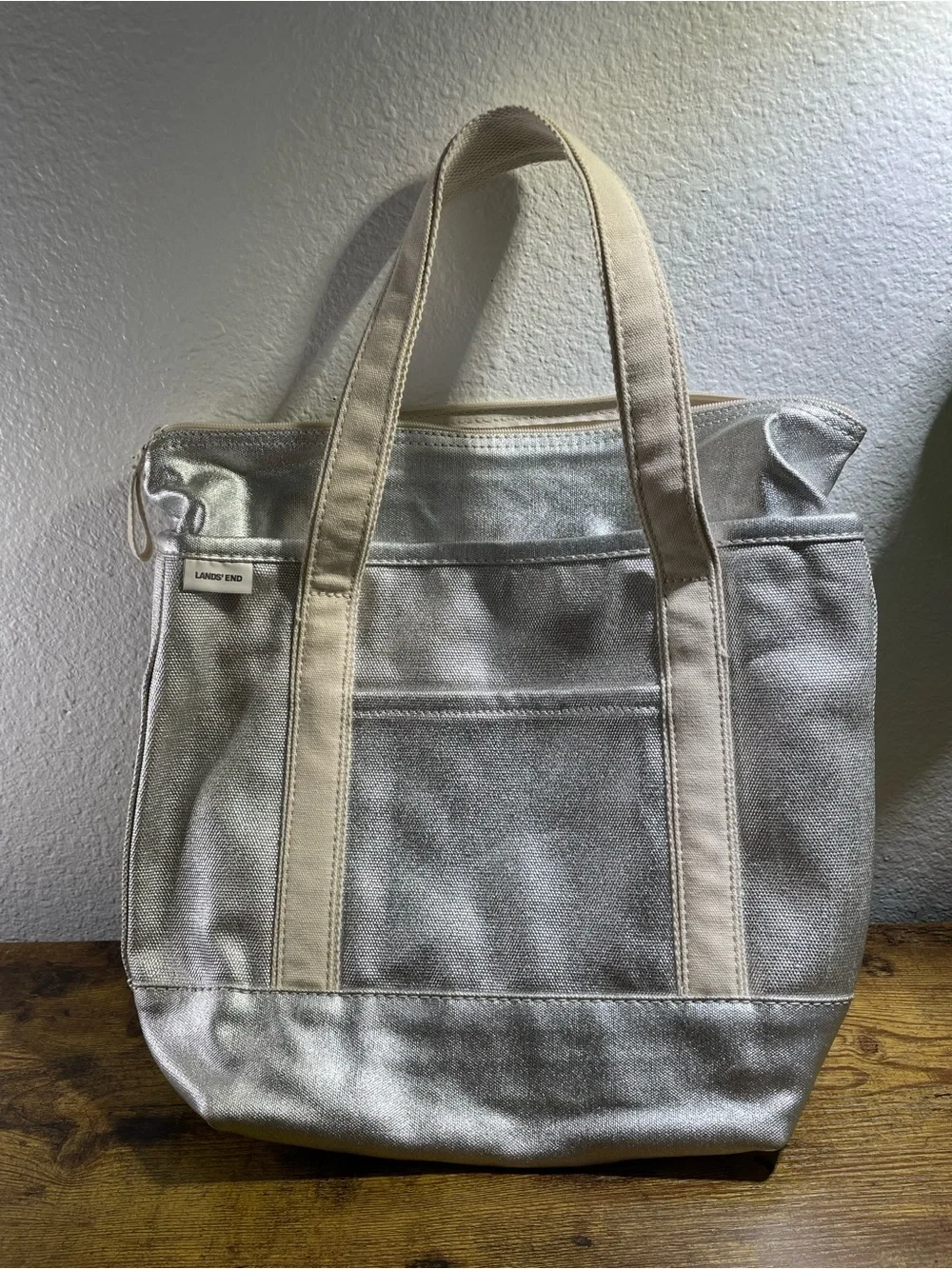 Lands' End Open Top Coated Metallic Canvas Tote - silver classic preppy